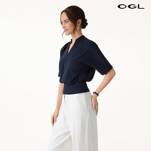 OGL Stand Collar V-Neck Short Sleeve Top , Womenswear, Tshirt，Smooth Silky t shirts women TikTokShopBackToSchool SohoChic