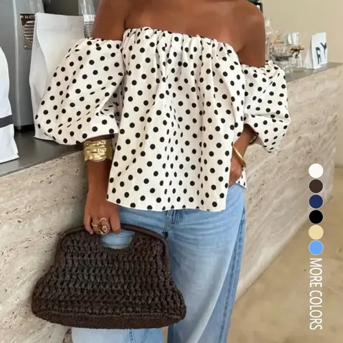 Women's Loose Fit Polka Dot Off-Shoulder Bubble Sleeve Blouse, Stylish Comfortable Summer Casual Top for Parties and Events