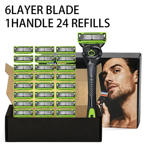 Men's Durable Manual Shaving Kit, All-in-1 Shaving Tool with 1 Handle, 12 Washable Replaceable Refills, 6-Layer Blades for Smooth Shaves, Reusable Blade Refill Set Razors