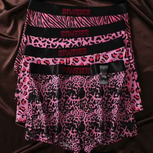 4 Pcs Biweier Women's Sweet Cool Leopard Print Boyshorts, Soft Comfortable Fashion Underwear, Casual Soft Panties, Ideal for Casual Wear and Home Use