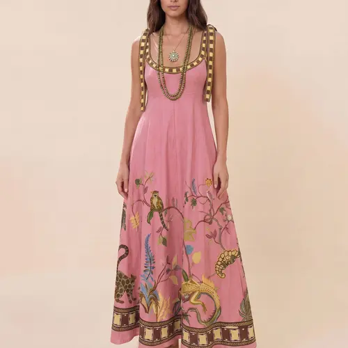 LikeMhChoice 2026 Women's Linen-Blend Embroidered Midi Dress - Tie Shoulder Straps, Jungle Print, Beach & Resort Casual Womenswear