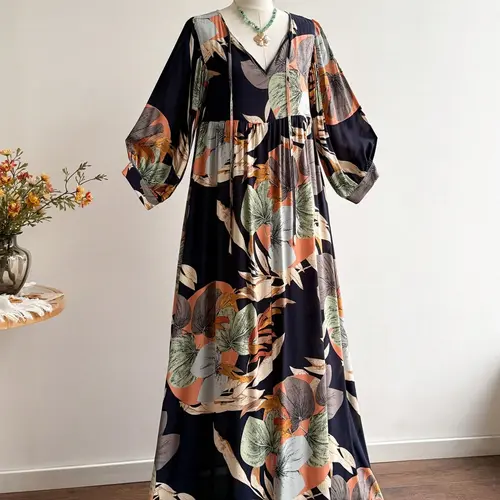 Plus Size Bohemian Floral Long Dress, Loose-Fit Casual Beachwear Summer, Festival Tropical Style for Women