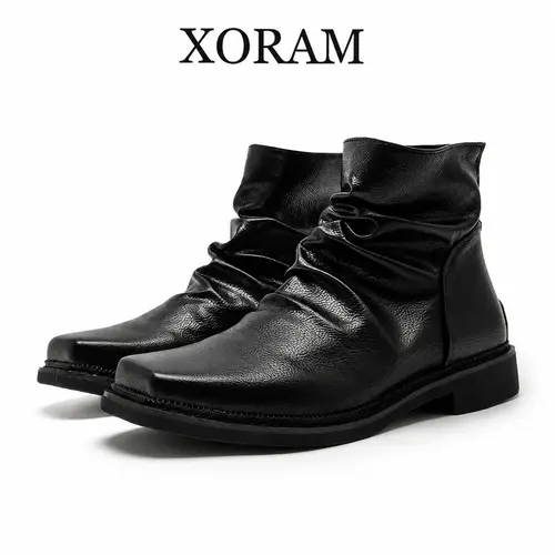 XORAM Minimalist Men's Square-Toe Pleated Ankle Boots, Black Fashion Walking Shoes, Breathable Vintage Footwear for Commuting (66595)