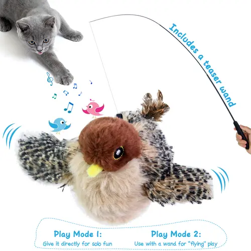 Flying Bird Cat Toy with Realistic Bird Sounds—a rechargeable, touch-activated interactive toy for kittens. This hanging cat toy is an interactive exercise toy suitable for cats of all breeds