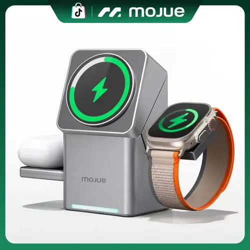 MOJUE 3 in 1 Charging Station for Apple, Mag-Safe for iPhone , Qi2 Certified Rotating   Stand for iPhone 17,16,15,14,13,12 Series, Apple Watch, AirPods (USB-C  Included) wireless charger Charging Dock for Apple Foldable fast