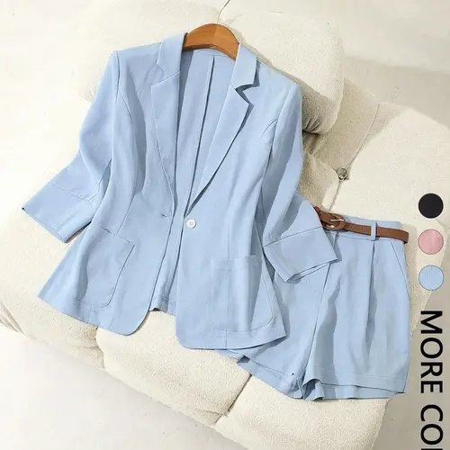 Women's 2-Piece Commuter Office Style V-Neck Blazer Jacket + Short Pants Set, Essential for Work/travel, Includes Pockets