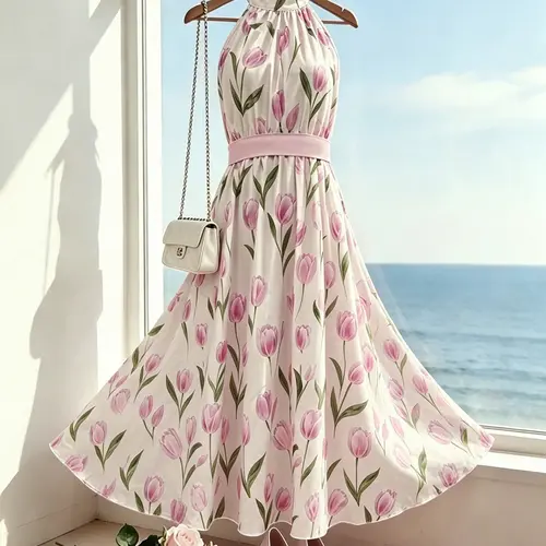 Tulip Print Midi Women Dress, Sleeveless A-Line Neckline, Comfortable Lightweight Chiffon Fabric, Colorblock Waist Design, Spring Summer Fashion