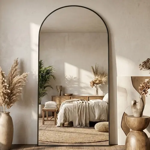 Antok Large Full Length Mirror with Stand Floor Free Standing Aluminum Frame for Bedroom Body Hanging Leaning Modern Simple Home Decor Shatter-proorf Nano Glass Wall, Gold/black-Rounded,dorm essentials