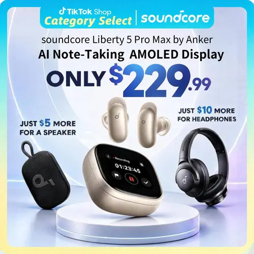soundcore Anker Liberty 5 Pro Max Wireless Earbuds, Exclusive Limited: Add $5/$10 for Extra Premium Gift, AI Note-Taker for In-Person Meetings, Whisper-Clear Calls, Active Noise Cancelling, 1.78" AMOLED Smart5 Mins Charge = 4 Hrs Playtime, True Wireless E