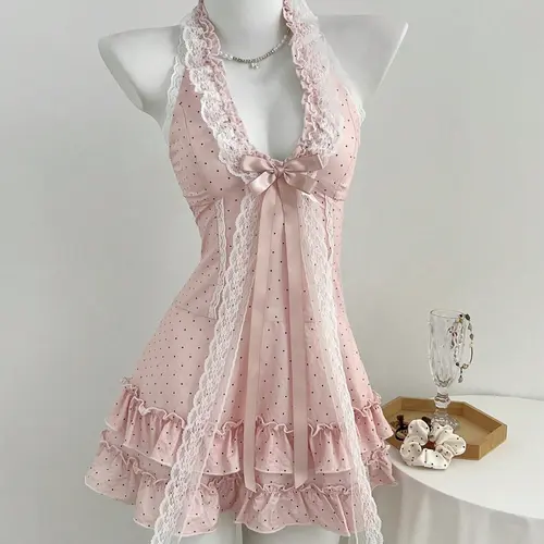 Elegant Summer Lounge Dress for Women, Polka Dot Halter Backless Dress with Lace Trim, Bow & Ruffled Hem, Tie Design, Youthful Cute Style, Loungewear Dresses