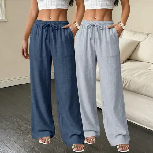 2-Pack Women’s Comfortable Polyester Fiber Blend Wide-Leg Pants, Elastic Drawstring Waist, Loose Casual Pants with Pockets, Lightweight and Breathable Long Pants for Home and Travel