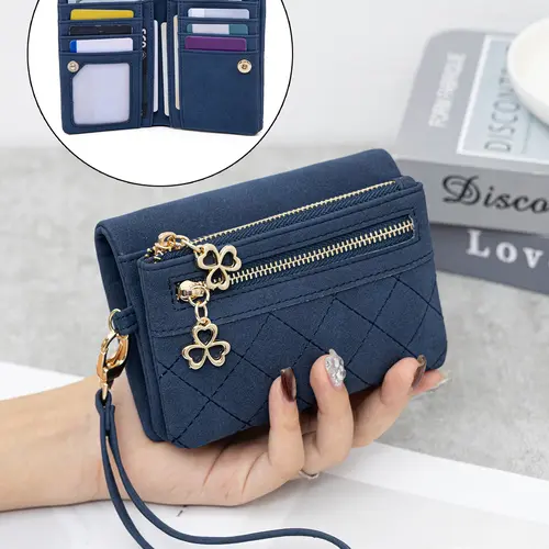 Women's Bi-Fold Multi-Functional Casual Wallet, Zipper Wristlet, Dual Zipper with Wrist Strap, Multiple Card Slots & Coin Pocket, Compact Portable for Daily Carry