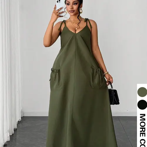 Plus Size Women's Summer Casual Wear Loose Fit Long Dress, V-Neck Pocket Thin Straps Sleeveless Maxi Dress, Casual Beach Sundress for Beach & Brunch