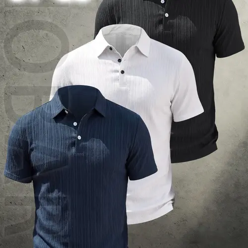 3pcs Men's Casual Fashion Polo Shirt, Summer Polos, Polo Style, Slim-Fitting, Plain Solid Pattern, Lightweight & Breathable Fabric, Classic Menswear Top, Everyday Wear, Collared Polo Shirts