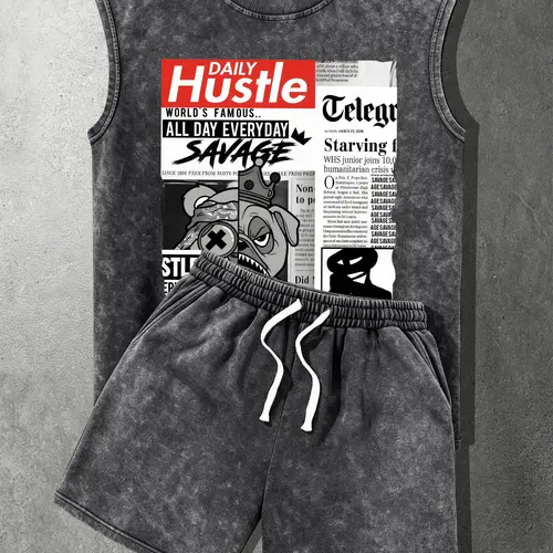Men’s summer washed distressed cotton sports tank top and shorts set. Top features a simple, stylish newspaper print pattern. Casual loose beach shorts with pockets and a cinched waist. Mood-inspired 2000s style—ideal for running, golf, fishing, basketbal