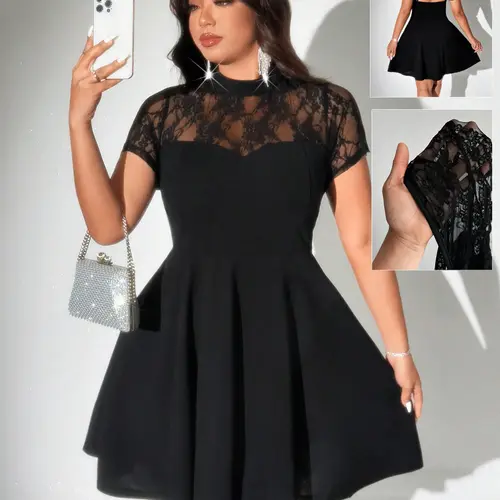 Plus Size Lace High Neck Backless Embellished Dress, Slim Fit A-Line Formal Cocktail Party Dress, Elastic Comfortable Fabric, Perfect for Weddings and Parties, Elegance, Chic