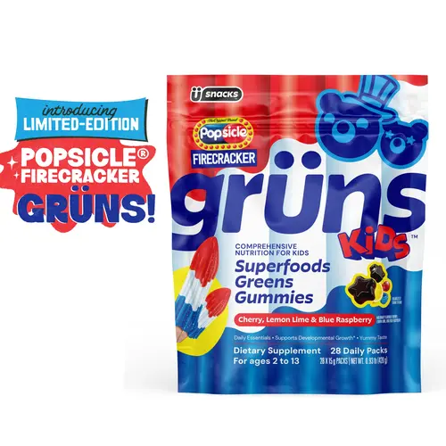 Popsicle Firecracker x Grüns Kids Superfood Greens Gummies (Limited Edition): Comprehensive kids nutrition with 60+ ingredients, 20+ Vitamins and Minerals, Prebiotics, Adaptogens, Cherry Lemon Lime Blue Raspberry, Gluten Free, Vegan, Third Party Tested