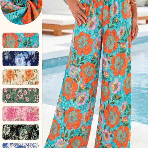 Spring Summer Casual Bohemian Boho Everyday Floral Print Baggy Long Pants Trouser for Women, New Loose Oversized High Waist Elastic Wide Leg Pants, Comfortable and Stylish Fashion Bottoms