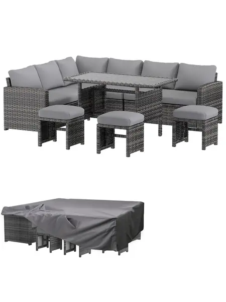【3 to 4 packages】YODOLLA Patio Furniture Set with Cover, 7 Pieces Outdoor Sectional Sofa Conversation Set All Weather Wicker Rattan Couch Dining Table & Chair with Ottoman