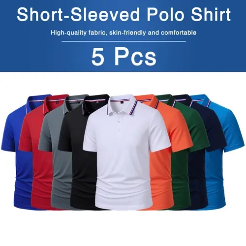 Men's 5-Pack Dry Fit Classic Polo Shirts - Slim Fit, Button-Front Ease, Medium-Length Short-Sleeve, Collared Neck, Breathable Lightweight, Athleisure, Casual Sport, Golf Performance Wear, Cold Machine Washable,sohochic