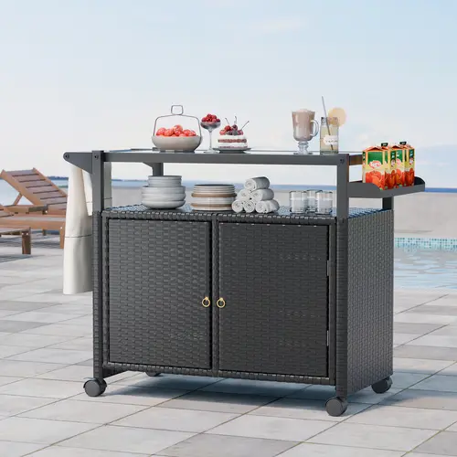 Black Wicker Outdoor Bar Cart Tempered Glass Top With Cabinet Lockable Wheels Side Basket For Garden Poolside Backyard