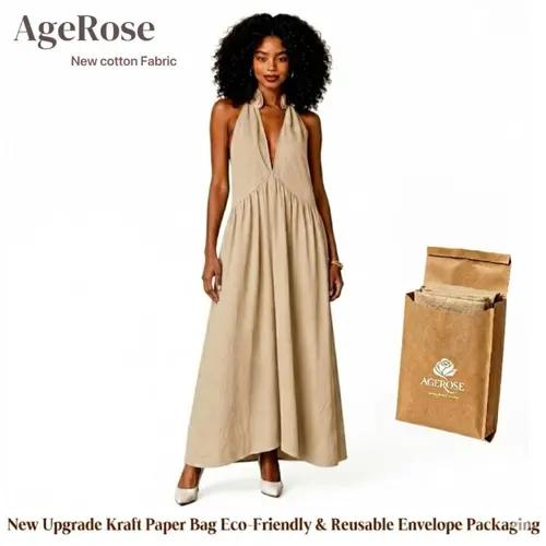 AgeRose Women's Minimalist Cotton Casual Summer Dress - Deep V-Neck Sleeveless Relaxed-Fit Maxi Sundress, Breathable Soft Elegant Clothes, Pockets, Eco-Friendly Kraft Paper Gift Packaging, Graduation Wear