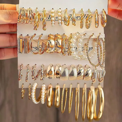24 Pairs Gold Silver Color Hoop Earrings Set for Women, Hypoallergenic Stainless Steel & Zinc Alloy Earrings Pack with Pearl, Twisted, Chunky & Minimalist Hoops, Trendy TikTok Jewelry for Daily Wear & Gifts