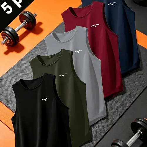 5 Pack Men's Quick-Dry Sleeveless Round Neck Tank Tops, Breathable Moisture-Wicking Fabric, Summer Workout Top, Gym & Training Apparel, Activewear, Sportswear