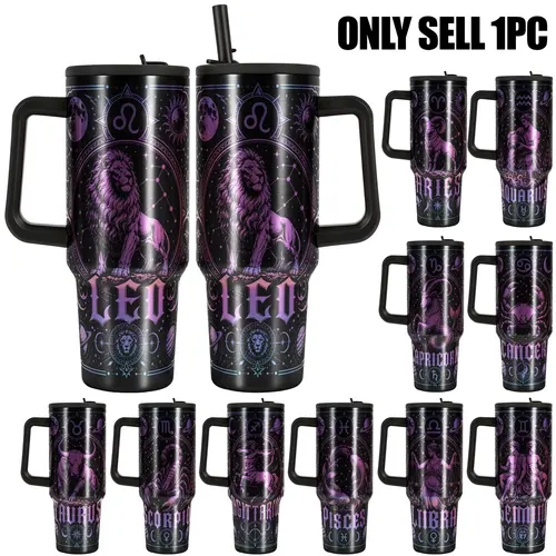 1pc 40oz Zodiac Astrology Tumbler, 304 Stainless Steel Insulated Travel Mug with Handle and Straw Lid, Double Wall Vacuum Coffee Cup for Women & Men