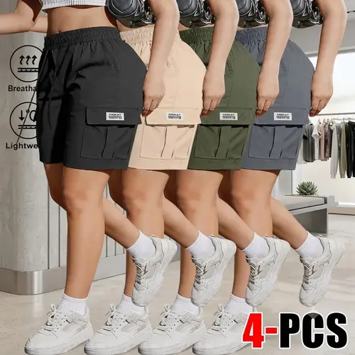 4-pack women’s lightweight, breathable mid-length cargo shorts for summer with an elastic waistband and multiple pockets; elastic-waist drawstring shorts suitable for outdoor, street, and everyday casual wear Summervibes