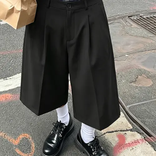 Men’s black suit shorts loose pleated casual shorts for summer, business-casual knee-length dress shorts outdoor workout quick dry tech training short street style casual loose fit