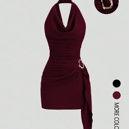 Women's Solid Color Halter Dress, Casual Office Wear, Elegant Backless Ruched Design, Fashionable and Comfortable, Daily Use, Slinky, Fit