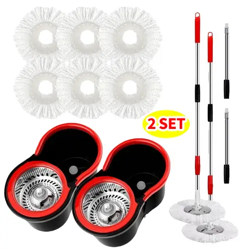 2-Set Spin Mop and Bucket System, 360° Auto Rotating Mops with 61" Stainless Steel Extended Handle, Wringer, 6 Microfiber Refills, for Bathroom Floor Cleaning