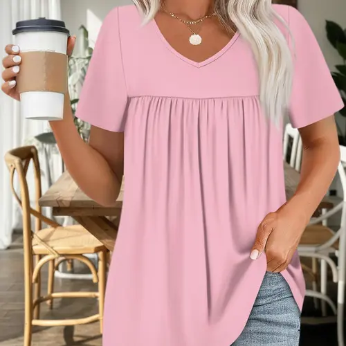Plus Size Women's Summer New V Neck Pleated Solid Casual Basic Shirt, Lazy Style Loose Short Sleeve Top, Comfortable and Stylish Summer Wear