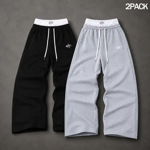 Mens 1 or 2  Pack Wide Leg Sweatpants Double Waistband Printed Graphic Baggy Track Pants Loose Fit Straight Leg with No Side Slits Lounge Bottoms with Drawstring Side Pockets Streetwear Sweatpants Outfit GymCampusTravelDailyWear Y2K Athleisure 100% cotton