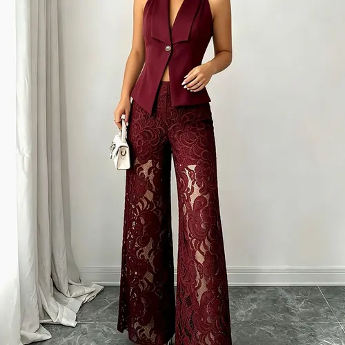 Women's Elegant Chic Business Style Two-Piece Set, Lace Asymmetrical Vest + Wide Leg Pants, Casual Summer M2650#, Solid Color Suits