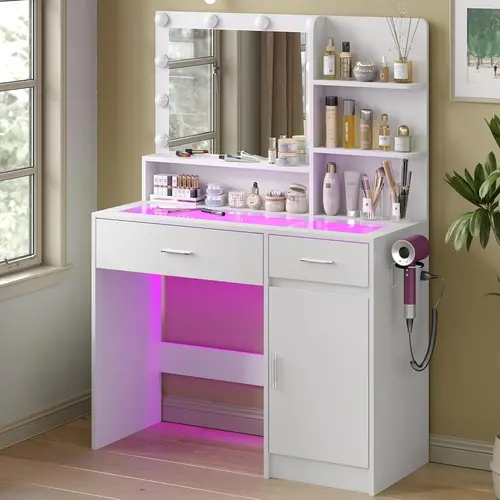 CollaredEagle Vanity Desk Makeup Vanity White LED Lighted Makeup Vanity Table Rotating Mirror Vanity with Storage Glass Top USB Power LED Lights Brightness Adjustable RGB Drawers Dressing Table Bedroom,dorm essentials,home decor
