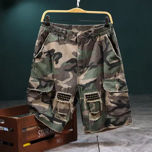 Menswear Men’s Camouflage Print Cotton Shorts, Loose Straight Street-Style Bottoms with Patch Pockets, Drawstring Elastic Waistband, Comfortable Durable Fabric, Ideal for Outdoor Activities & Everyday Summer Casual Wear Summervibes，fathersdaygift