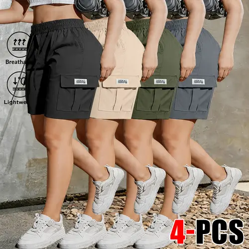 Pack of 4 women’s summer fashion casual solid-color cargo shorts with drawstring waist and pockets, featuring a simple large patch pocket; suitable for outdoor leisure, sports, everyday fashion outfits, etc Summervibes