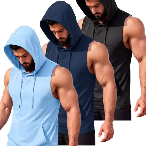 3pcs Men's Casual Sports Hooded Tank Top, Casual Sports Tops, Casual Workout Tops, Daily wear sportswear, Featuring a pocket design, Hat Strap Design, Soft and comfortable material, Suitable for everyday wear and sports use