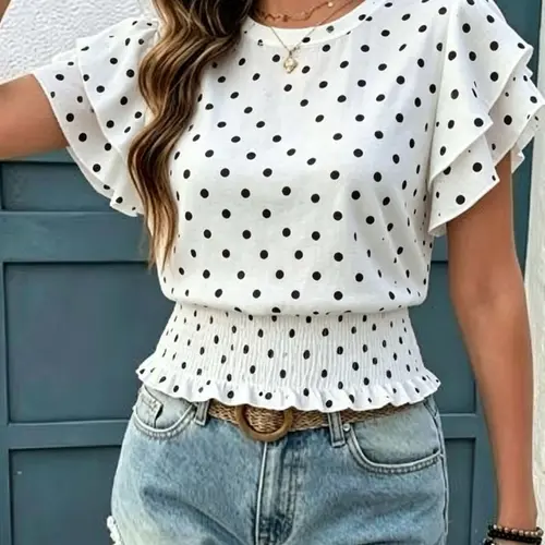 Women's Casual Polka Dot Ruffled Hem Short Sleeve Round Neck Top, Summer Fashion Blouse, Comfortable and Stylish Top for Daily Wear