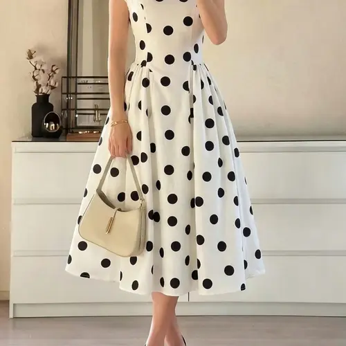 Women's Casual Polka Dot Long Dress, Bubble Sleeve, Round Neck, Elegant French Vintage Style, Perfect for Formal Weddings, Dates, Picnics, Spring Summer