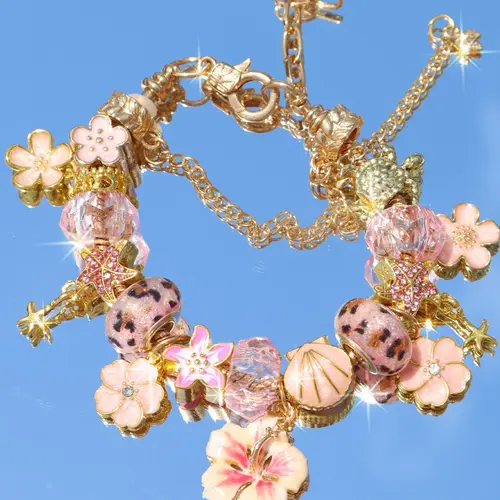Beach Vacation Style Leopard Print Cherry Blossom Charm Bracelet, Ocean Life Starfish Shell Bracelet, Summer DIY Flower Bracelet, Adjustable Bracelets, Floral Charm Bracelets, Bracelet Jewelry