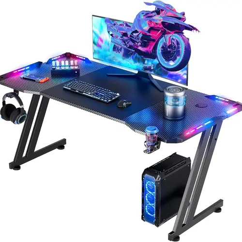 Minimalist RGB Gaming Desk with RGB Lights - Large Carbon Fiber Computer Desk for Gaming, Gaming Office Surface with Cup Holder, Headphone Hook, Mouse Pad, Ergonomic Home Office Use