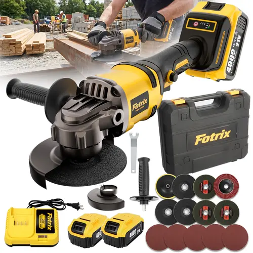 21V Brushless Cordless Angle Grinder Set — A 4-inch tool set with a 4.0Ah battery; polishing function with a powerful motor; includes a rust removal wheel, metal cutting disc, and diamond grinding wheel for easy heavy-duty work. Multiple Grinding Heads Me