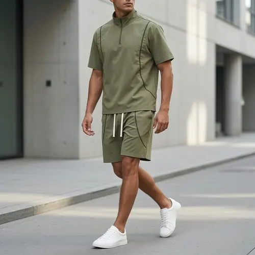 Men's Modern 2-Piece Summer Sports Set - Quick-Dry Short-Sleeve Half-Zip Top, Loose-Fit Multi-Pocket Shorts, Baggy, Plain, Elastic Fabric, Any Body Type, Drip Dry, Outdoor Figure-Flattering