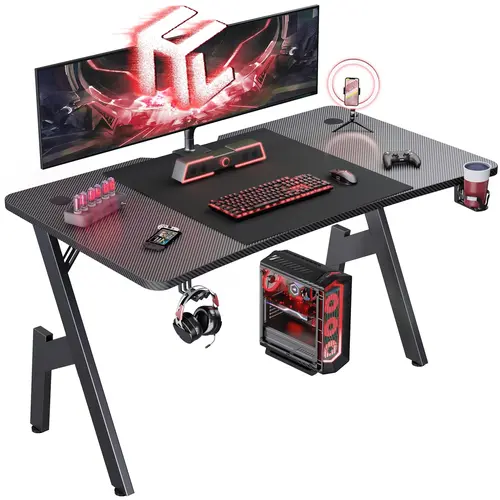 Minimalist Gaming Computer Desk - Ergonomic Table with Large Carbon Fiber Waterproof Surface, Curved Ergo Edge, Cup Holder, Headphone Hook, Triangular Steel Frame Feels Solid, Home Office Workstation, Teen Boy Gift, Gamer Stuff, Natural Posture Support
