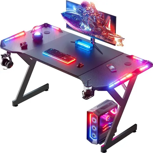 Gaming Desk with LED Lights, Home Office Gamer Desk, Ergonomic Computer Table with Large Carbon Fiber Desktop, Office Workstation, Cup Holder & Headphone Hook summerwins,dorm essentials,home decor