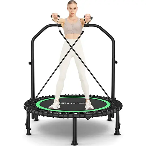ANCHEER Foldable Round Rebounder Trampoline (40"/48"), 570lbs/620lbs Max Load Height Adjustable Indoor Fitness Trampoline with 4-Level Foam Handle, Resistance Bands for Home, Gym, Foldable Round Trampoline,SummerWins