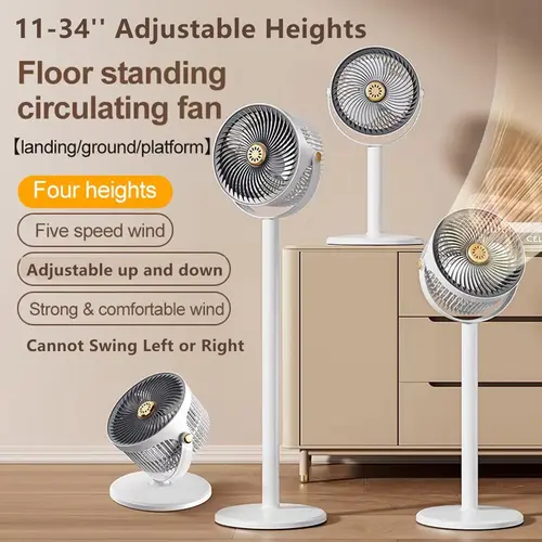 Rechargeable Cordless Silent Floor-Standing Pedestal Fan - 11-34'' Adjustable Heights, Rotatable Head, 5 Speeds, Non-Oscillating Air Circulator for Bedroom